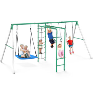 Hapfan Swing Sets for Backyard with Monkey Bars, Belt Swing, Platform Swing, Climbing Net, Trapeze Bar, Outdoor Playset for Kids
