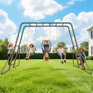 Hapfan Swing Sets for Backyard with Monkey Bars, 2 Belt Swings & Trapeze Bar- Heavy Duty Metal Outdoor Playground Sets for Kids, Backyard Playset
