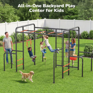 Hapfan Outdoor Jungle Gym with Monkey Bars Frame, 5-in-1 550lbs Heavy-Duty Metal Swing Sets for Backyard with Climbing Net & Rope, Trapeze Swing Bar, Belt Swing, Gymnastics Bars, Kids Playground Set